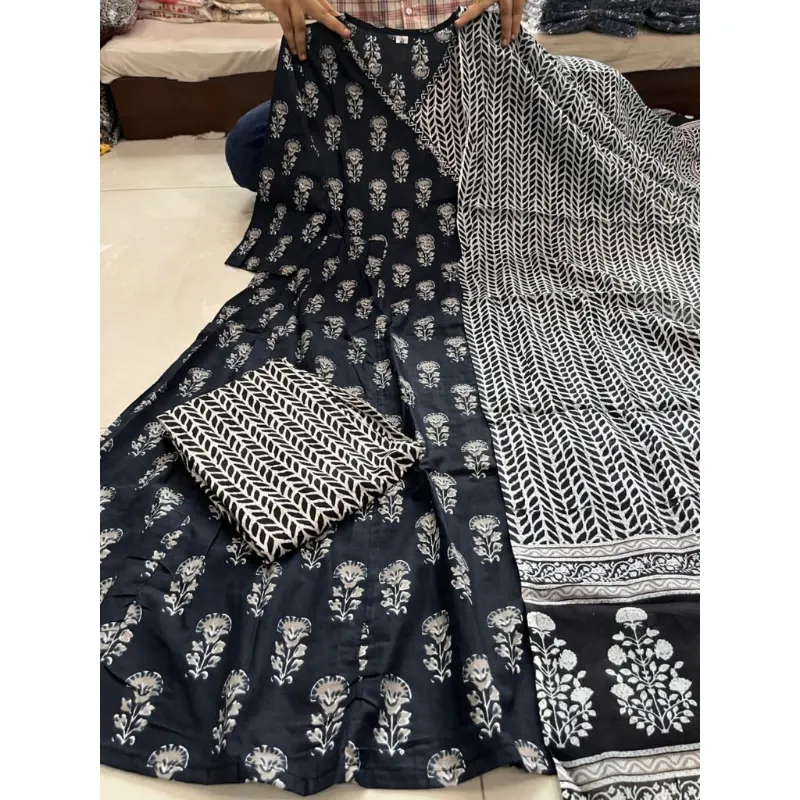 Beautiful Women Anarkali Cotton Kurti Pant Dupatta set