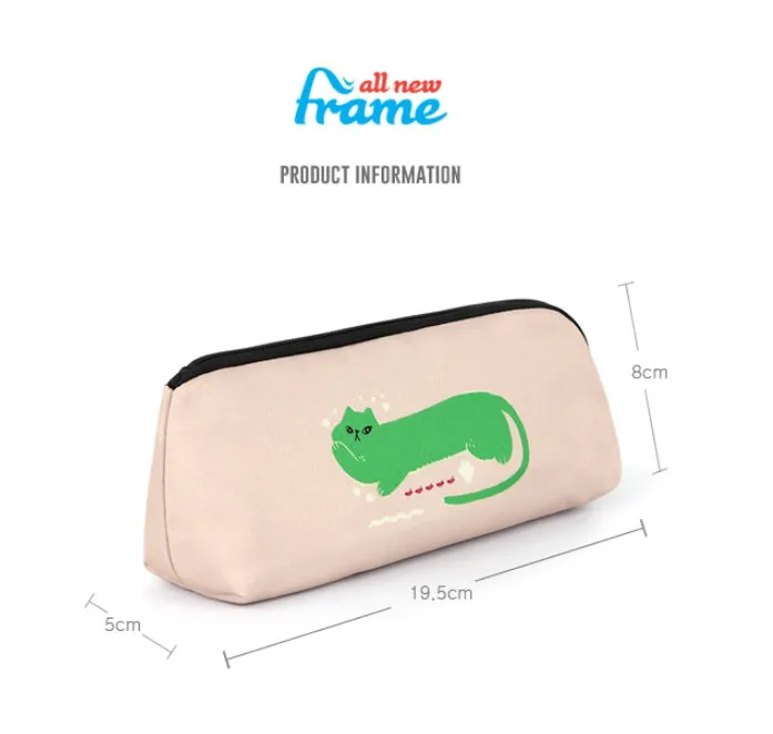 Beige Green Cat Graphic Pencil Cases Stationery Zipper School 19cm Office Cosmetics Pouches Artists Designer Prints Gifts Bags Purses Students Girls Cute Teens Inner Pocket