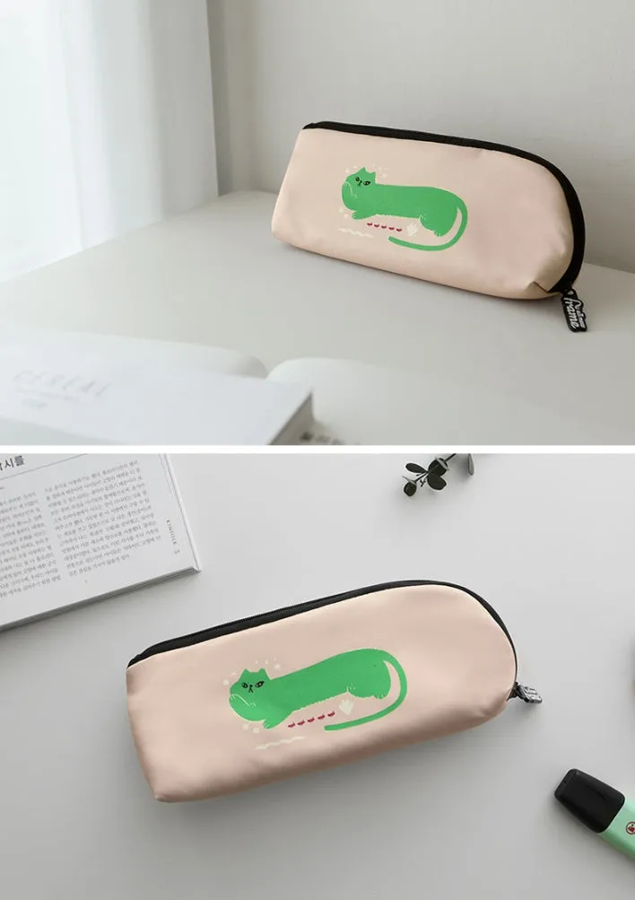 Beige Green Cat Graphic Pencil Cases Stationery Zipper School 19cm Office Cosmetics Pouches Artists Designer Prints Gifts Bags Purses Students Girls Cute Teens Inner Pocket