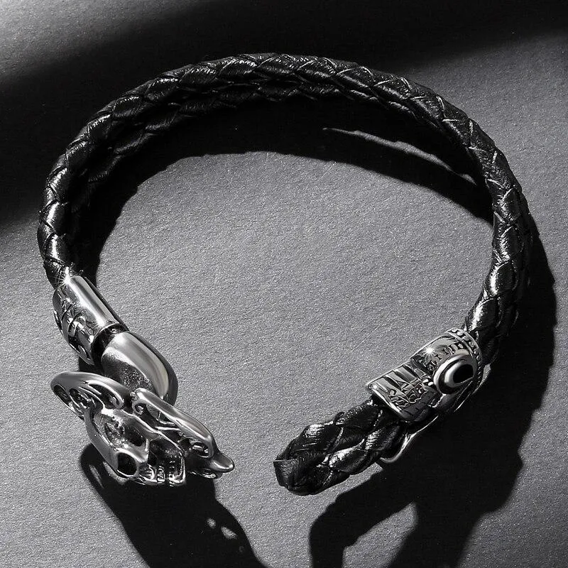 Black Braided Leather Skull with Cross and Crown Bracelet