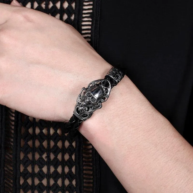 Black Braided Leather Skull with Cross and Crown Bracelet