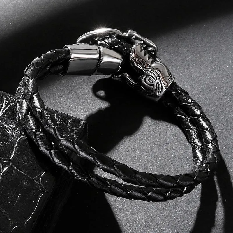 Black Braided Leather Skull with Cross and Crown Bracelet