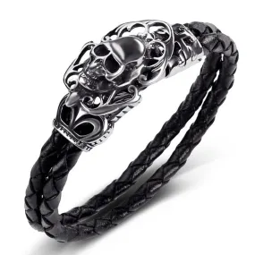 Black Braided Leather Skull with Cross and Crown Bracelet