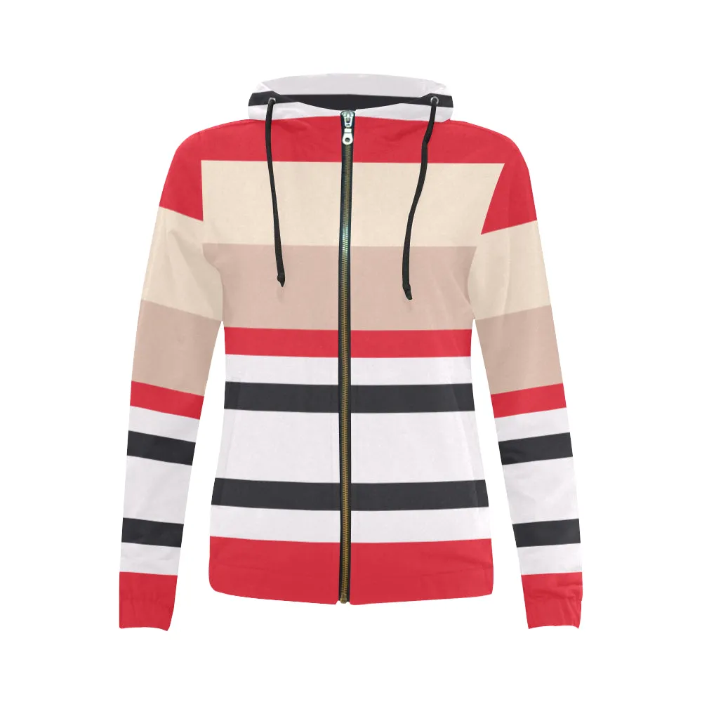 Black White Red & Nude Full Zip Hoodie for Women