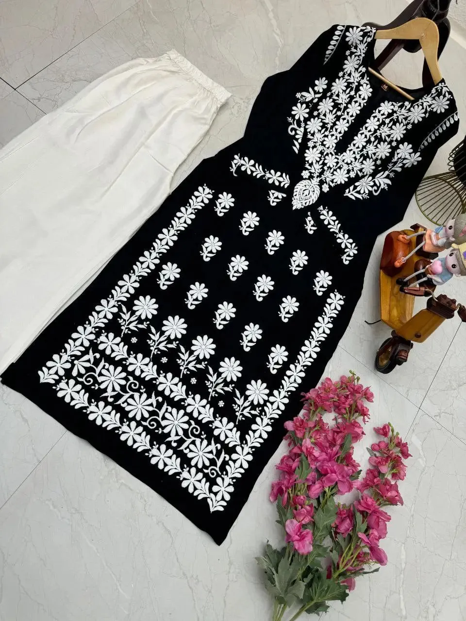 Chikankari Women's Black Top Palazzo Set