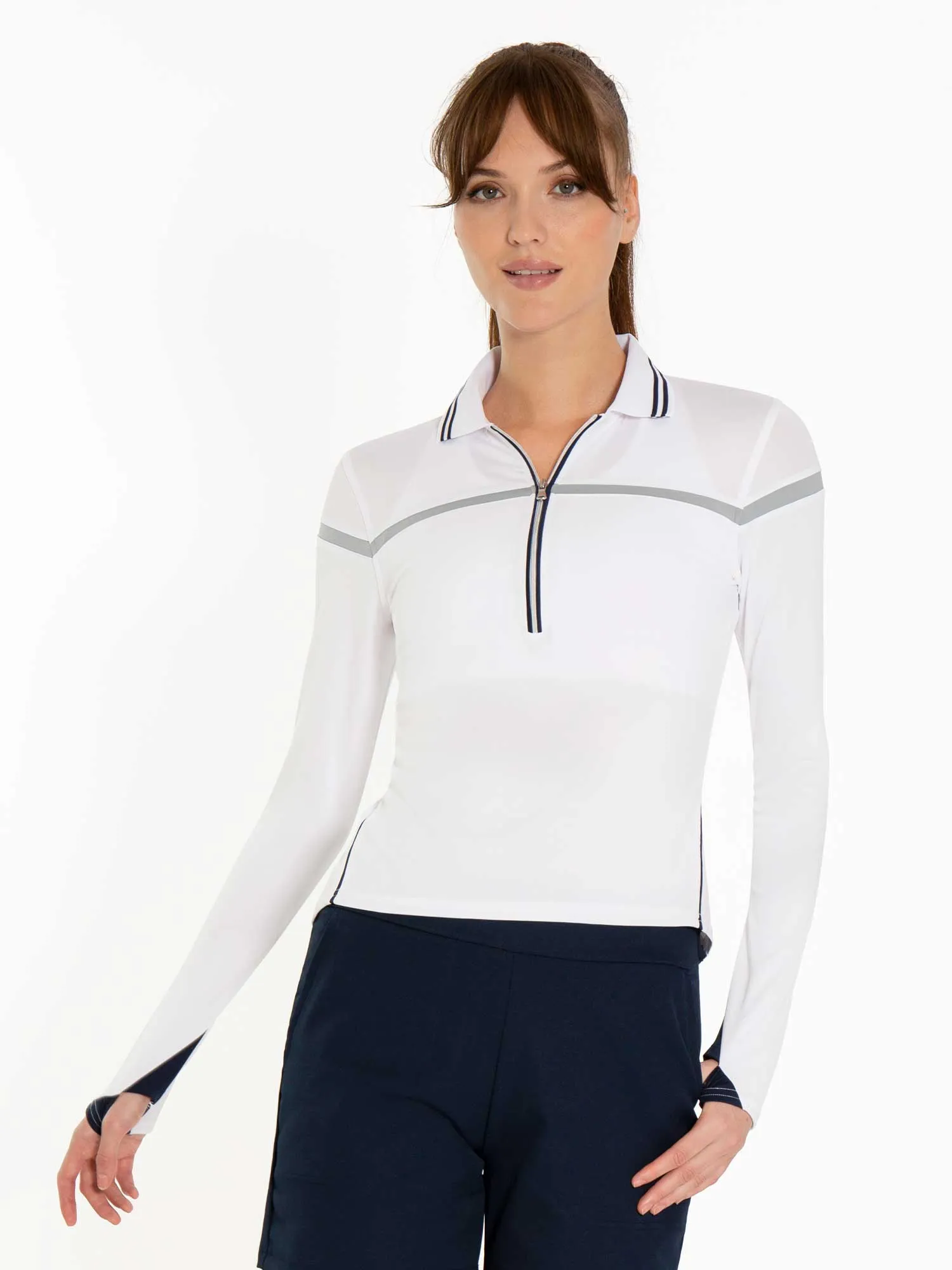 Chloe Performance Long Sleeve Polo - Midnight/White Combo