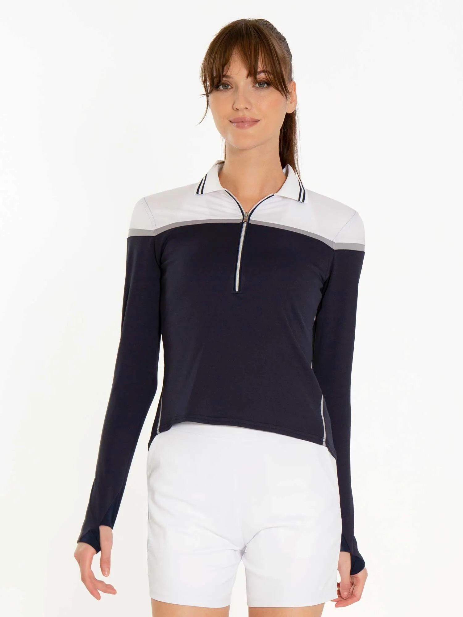 Chloe Performance Long Sleeve Polo - Midnight/White Combo