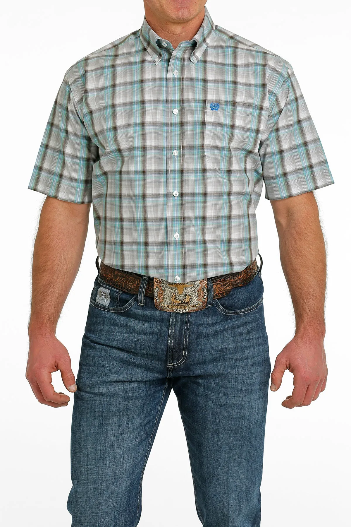 Cinch Mens Plaid Top - White, Green, Brown