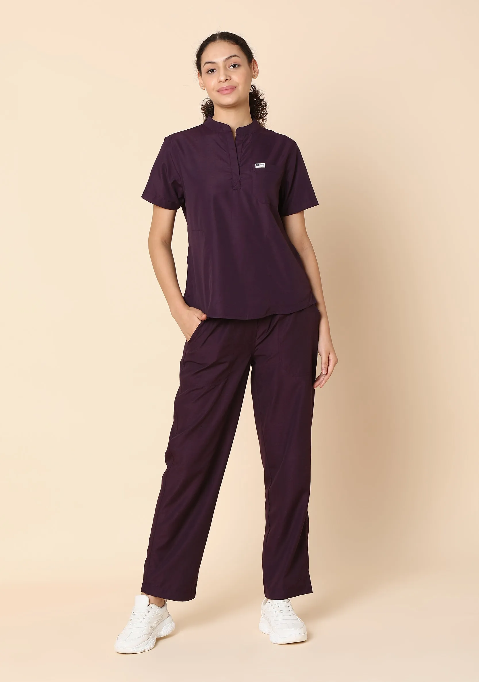 Classic Women's 5-Pocket Mandarin Collar (Wine) Scrub