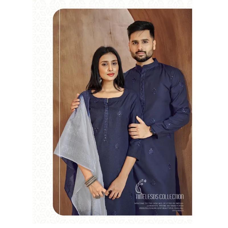 Couple Wear Traditional Blue Cotton Same Matching Outfits Set