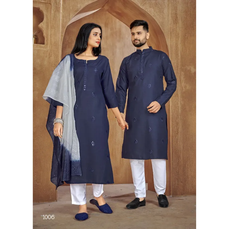 Couple Wear Traditional Blue Cotton Same Matching Outfits Set