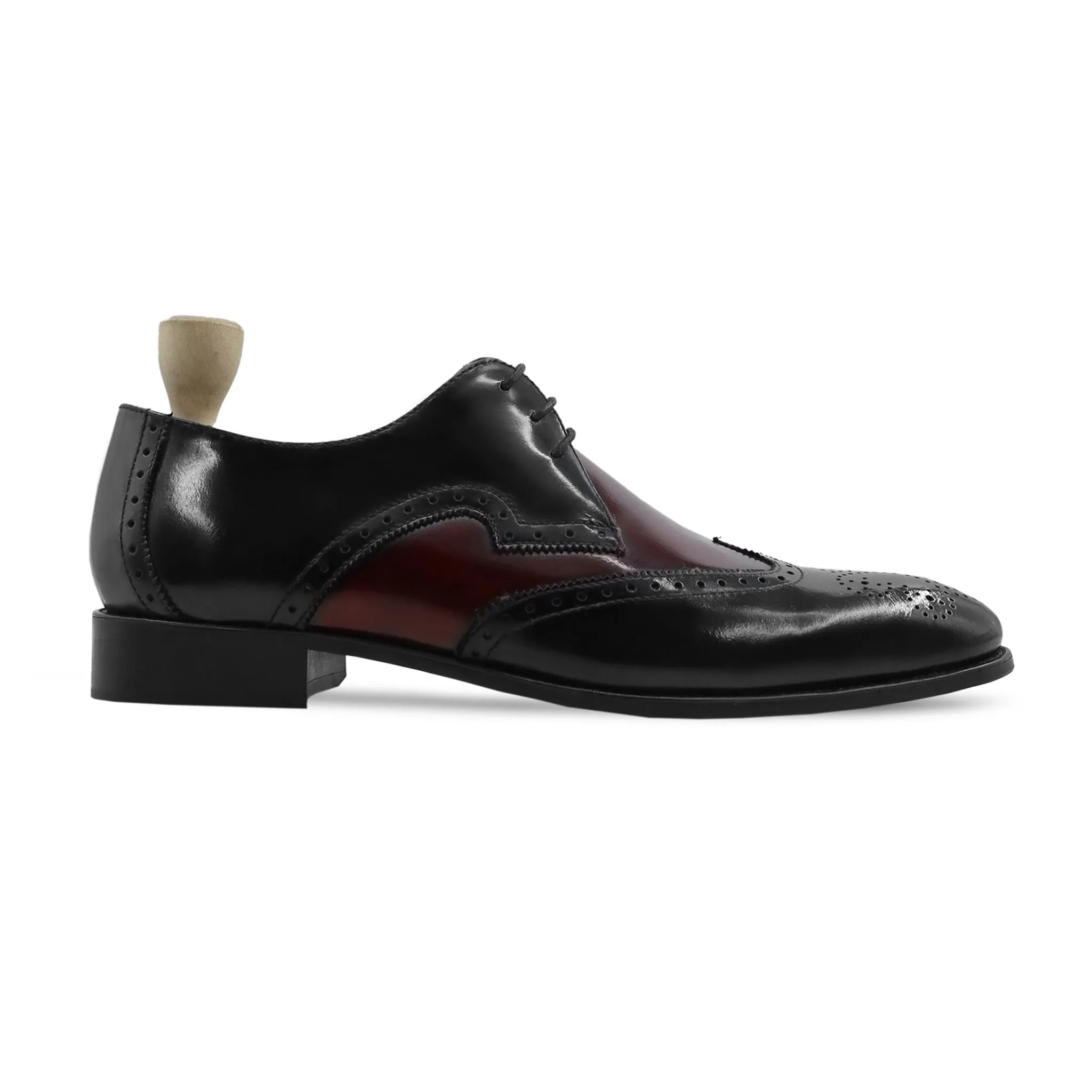 COZMEL - FUSION OF BLACK AND OXBLOOD BOX LEATHER HIGH SHINE DERBY