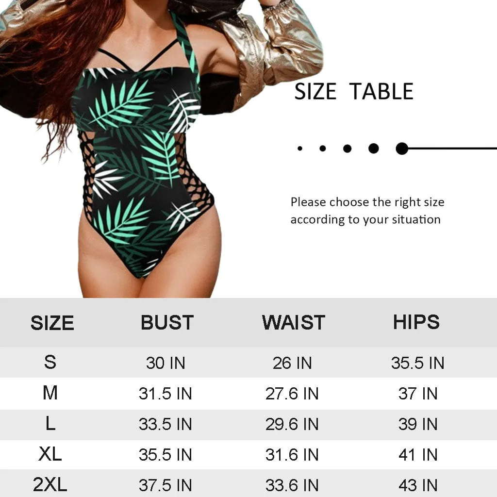 Custom Face Pitaya Women's Sexy One Pieces Swimsuit Lace Up Side Halter Back Tie Swimsuit Face Bathing Suit