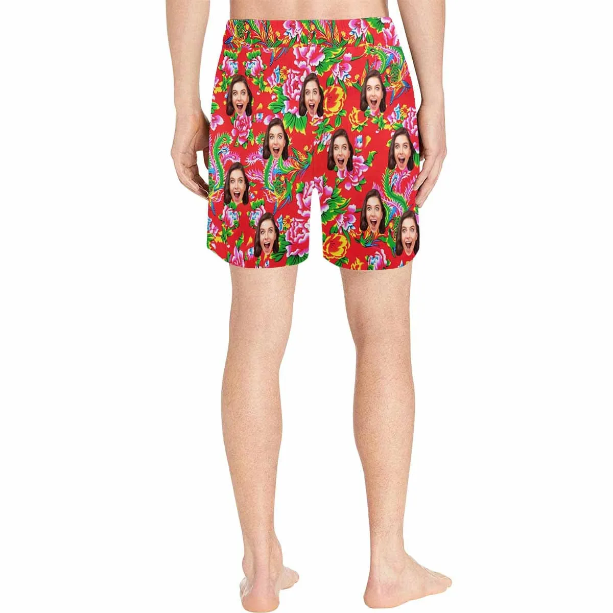 Custom Face Red Big Flowers Couple Matching Swimsuit Women's Bikini Men's Quick Dry Swim Shorts