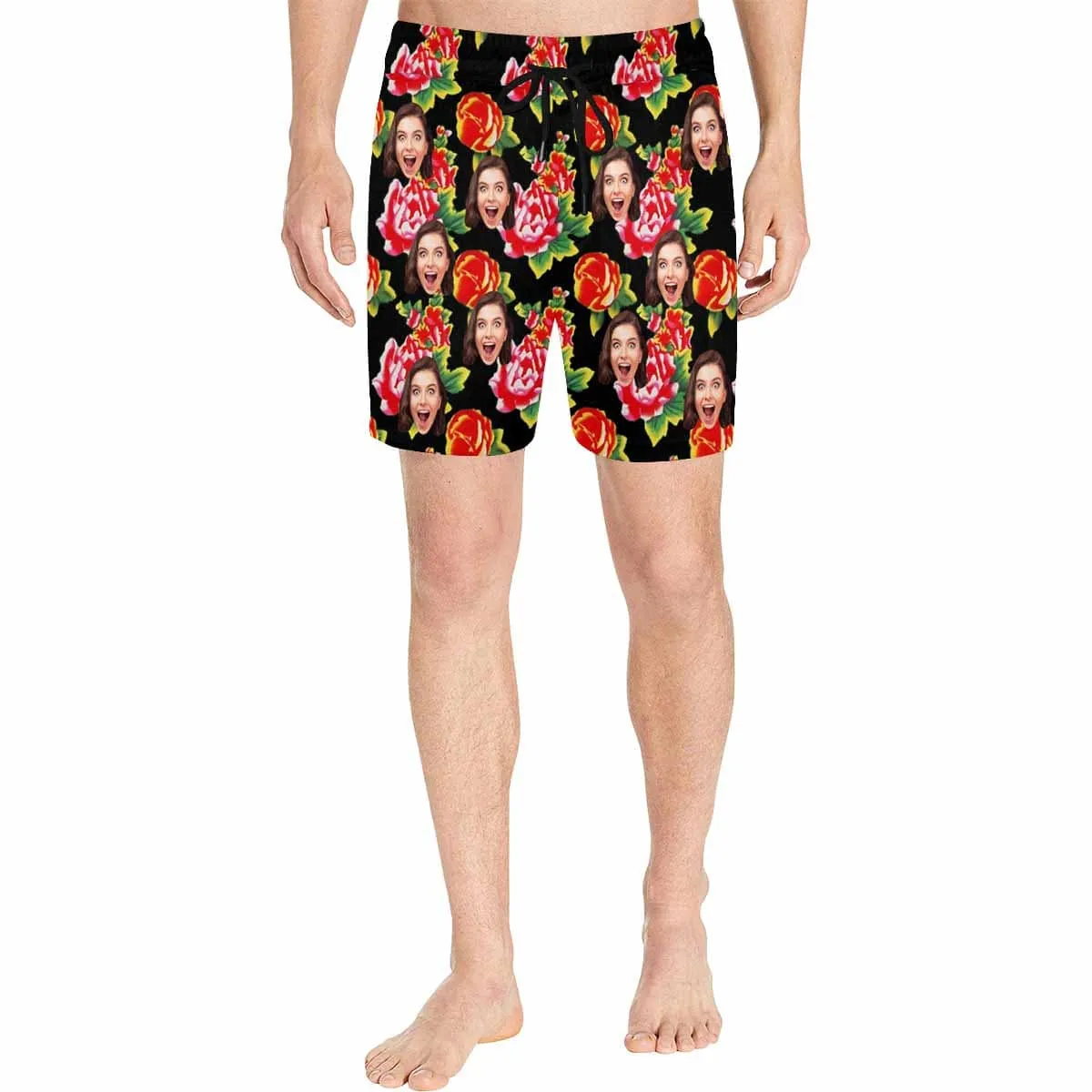 Custom Face Red Big Flowers Couple Matching Swimsuit Women's Bikini Men's Quick Dry Swim Shorts