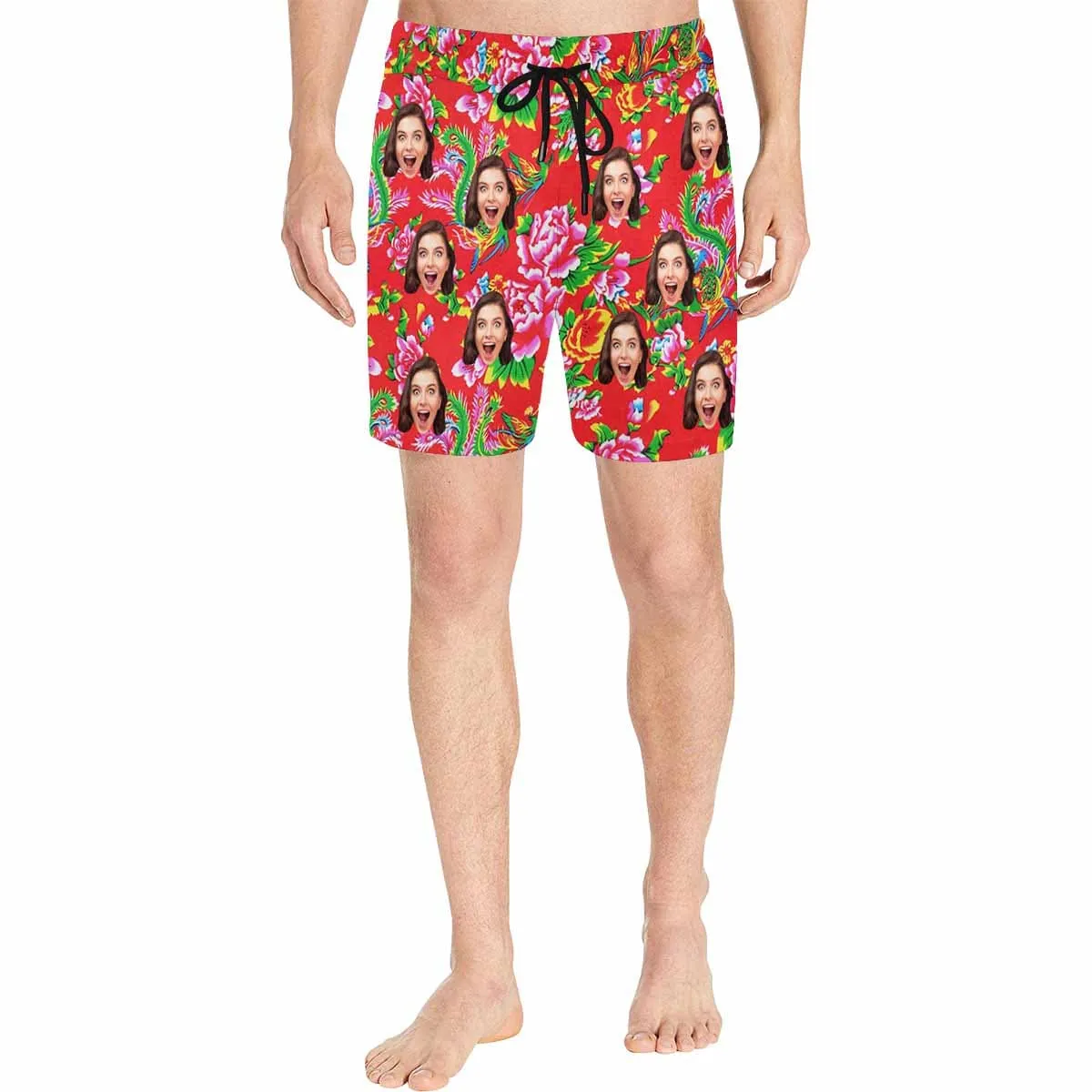 Custom Face Red Big Flowers Couple Matching Swimsuit Women's Bikini Men's Quick Dry Swim Shorts