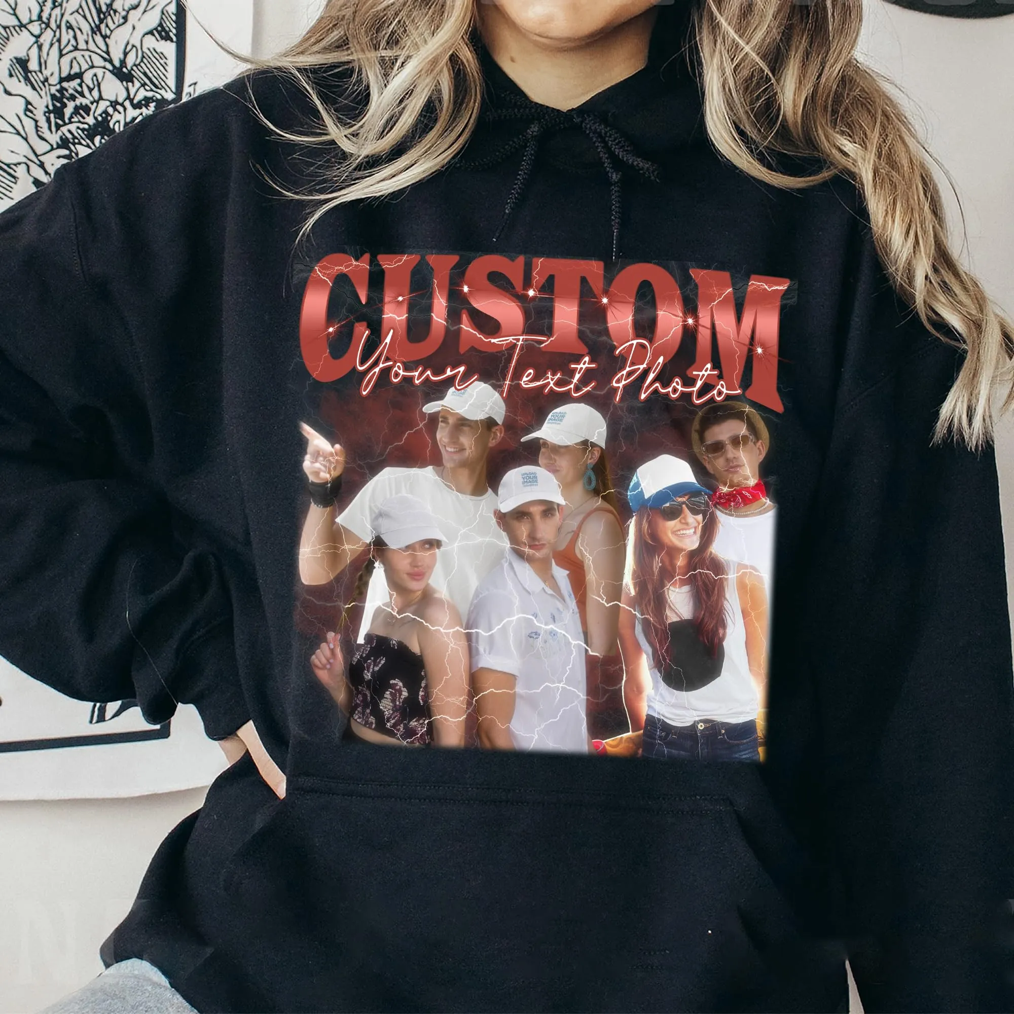 Custom Your Own Bootleg Rap Hoodie Personalized Photo Vintage Hoodie Birthday Gift Ideas for Men Women