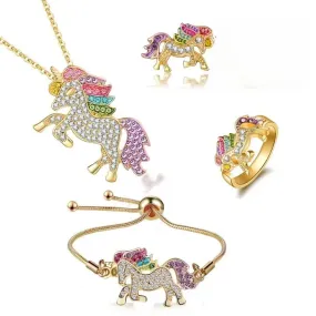 Cute Unicorn Ring Bracelet Necklace Earrings Set Colorful Mini Horse Jewelry Suit For Girls Women X3202107