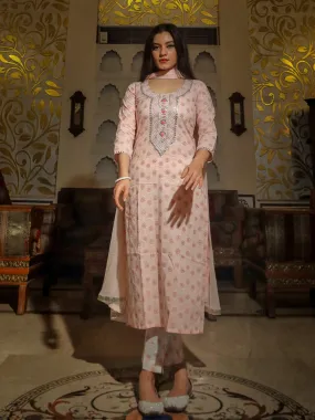 Divena Baby Pink Cotton Kurta Pant Set with Chiffon Dupatta