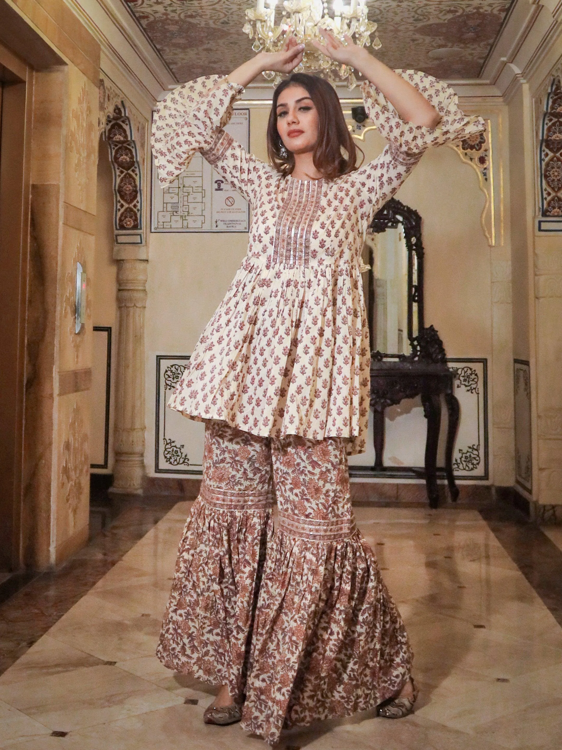 Divena Cream Printed Sharara Set