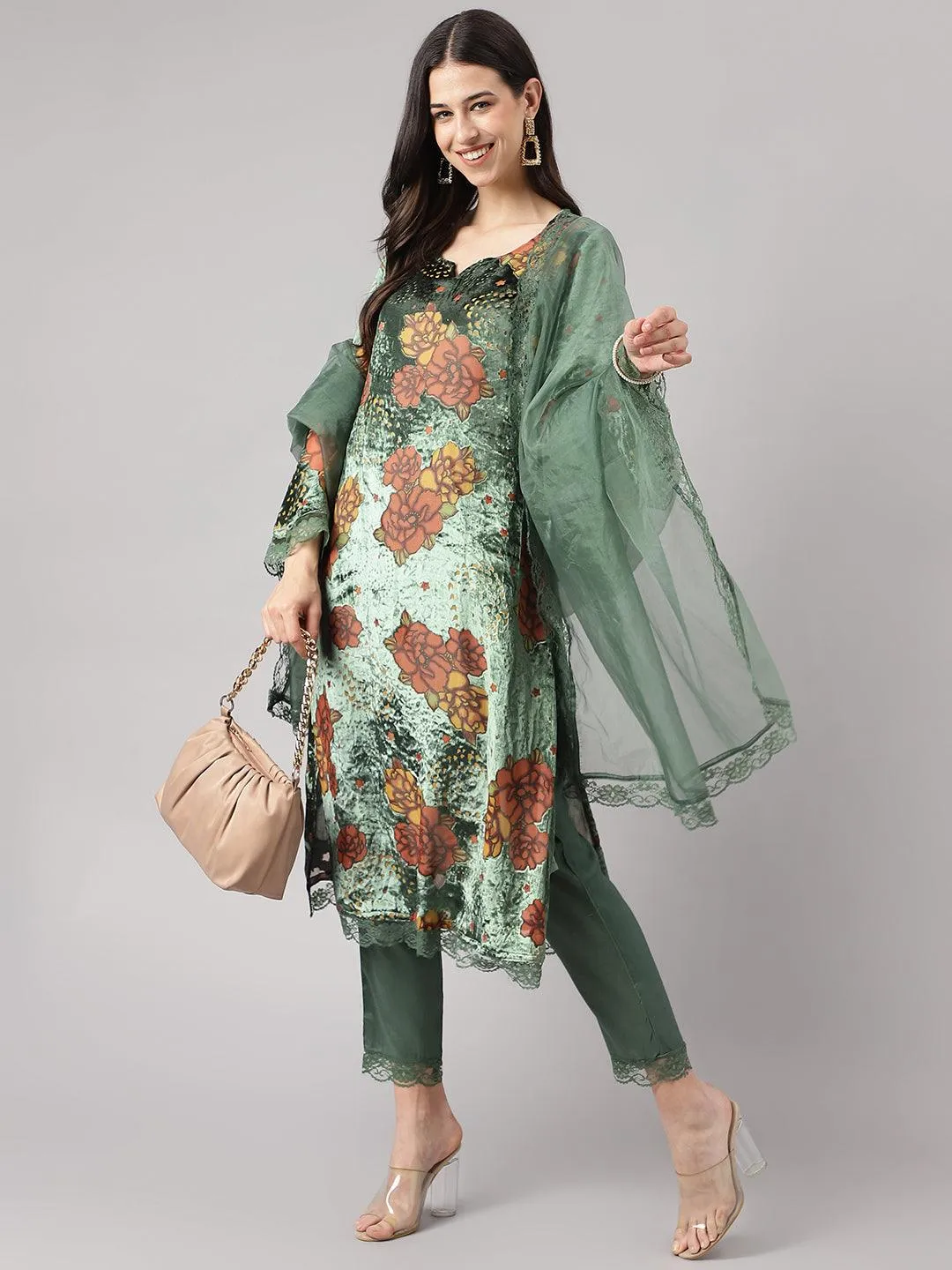 Divena Green Burn out Velvet Kurta Harem Pant with Organza Dupatta