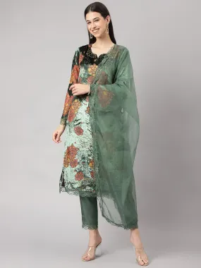 Divena Green Burn out Velvet Kurta Harem Pant with Organza Dupatta