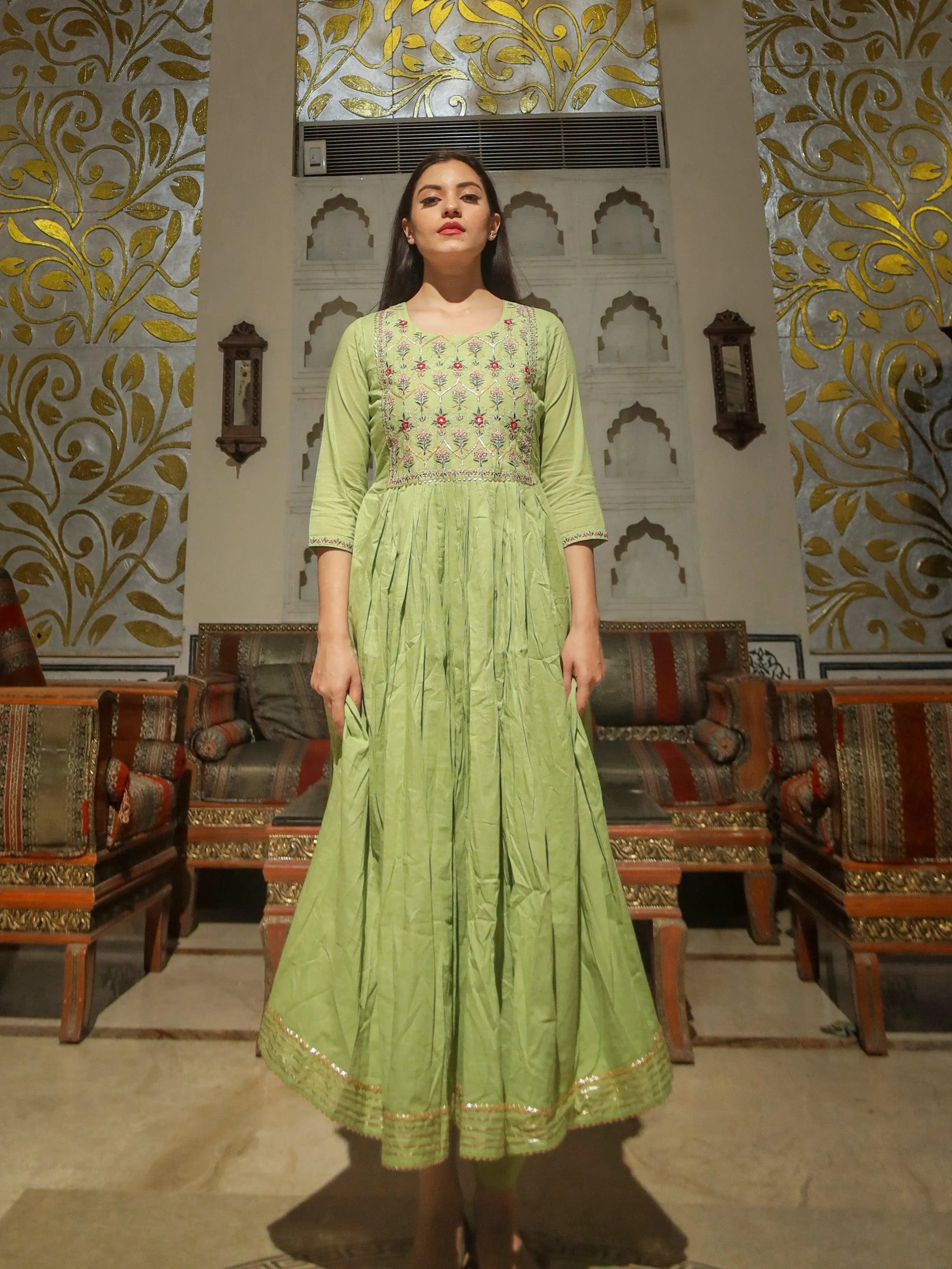 Divena Green Cotton Kurta Pant Set