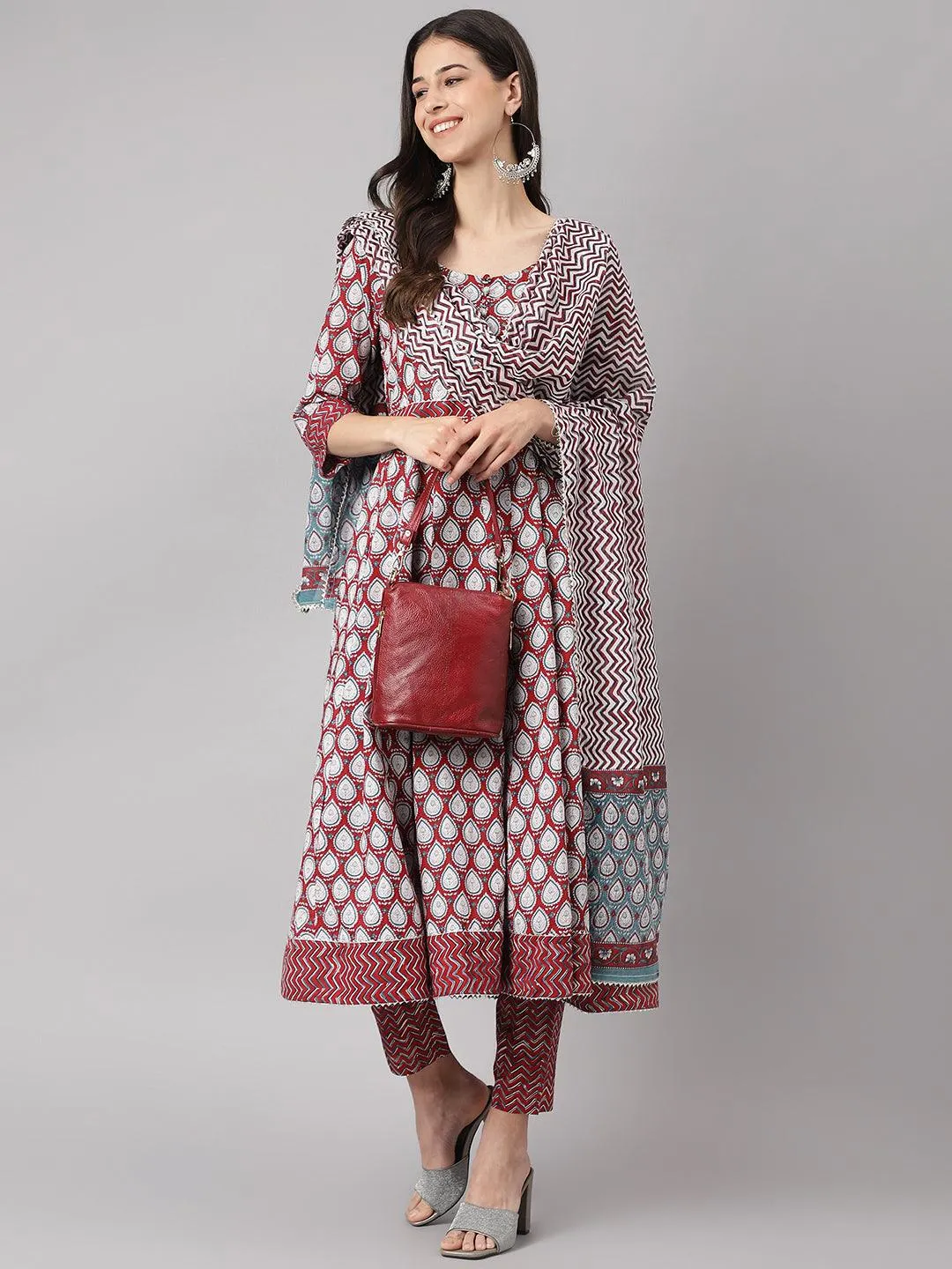 Divena Maroon Cotton Anakali Kurta pant set with Dupatta