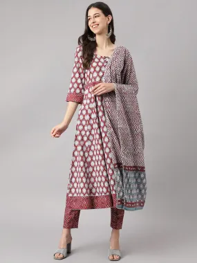 Divena Maroon Cotton Anakali Kurta pant set with Dupatta