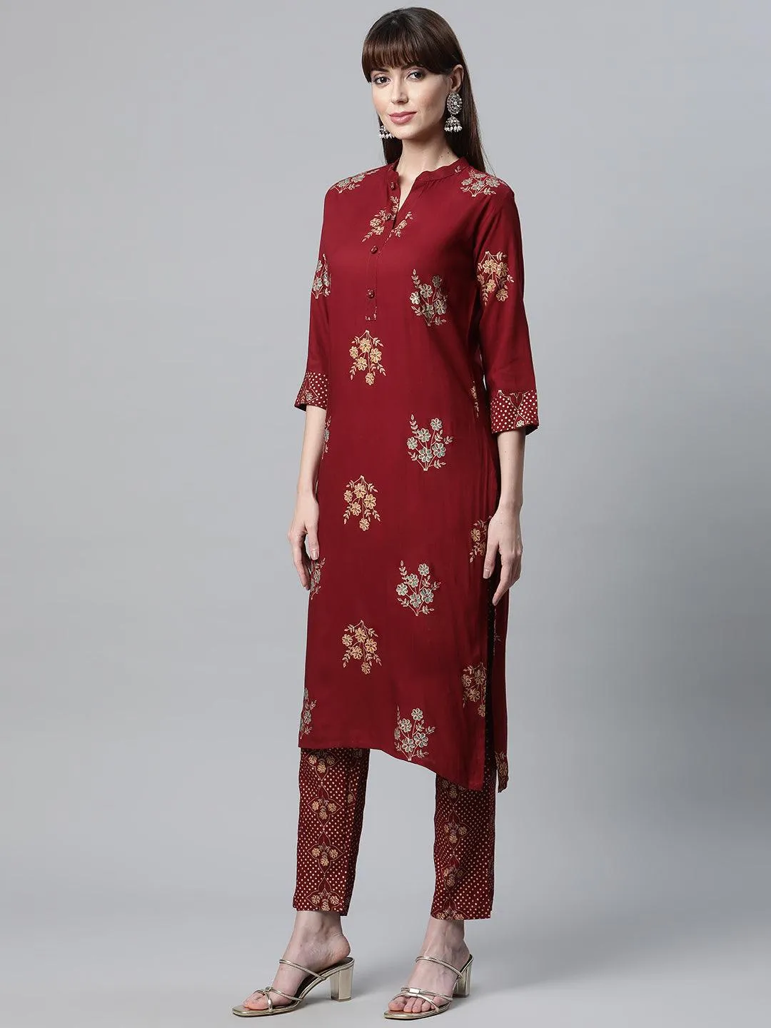 Divena Maroon Rayon Kurta Pant Set with kota doria Dupatta