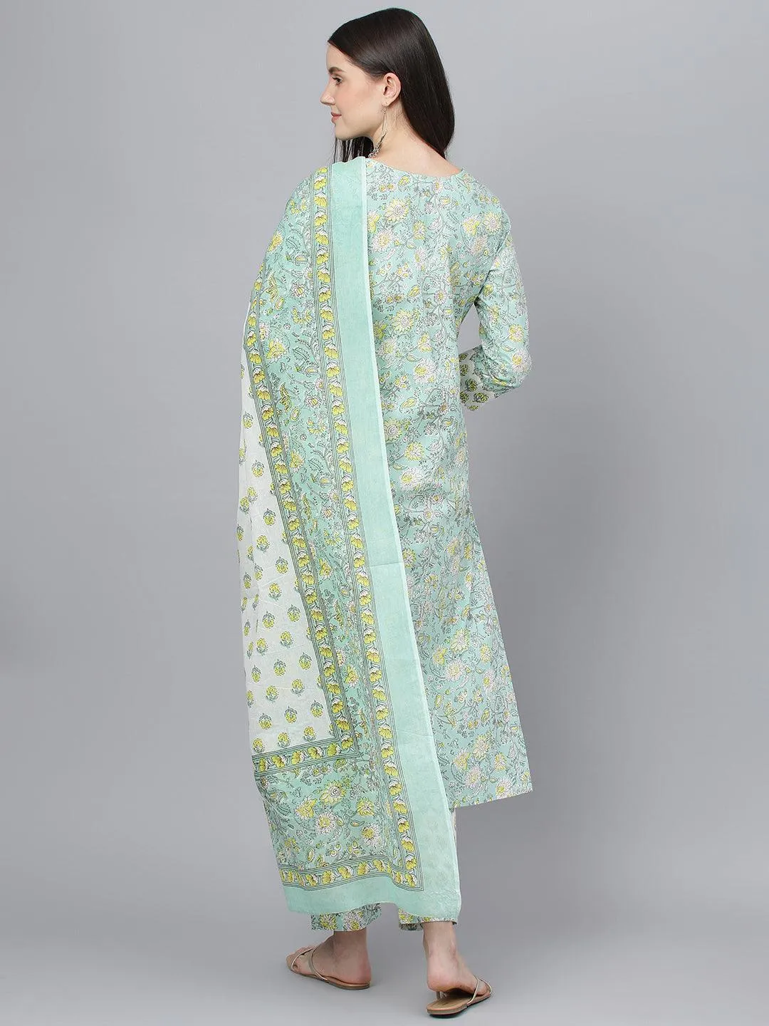 Divena Mint Green Floral Printed Kurta Pant set With Dupatta