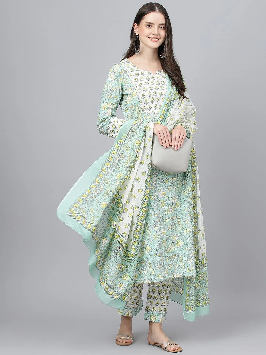 Divena Mint Green Floral Printed Kurta Pant set With Dupatta