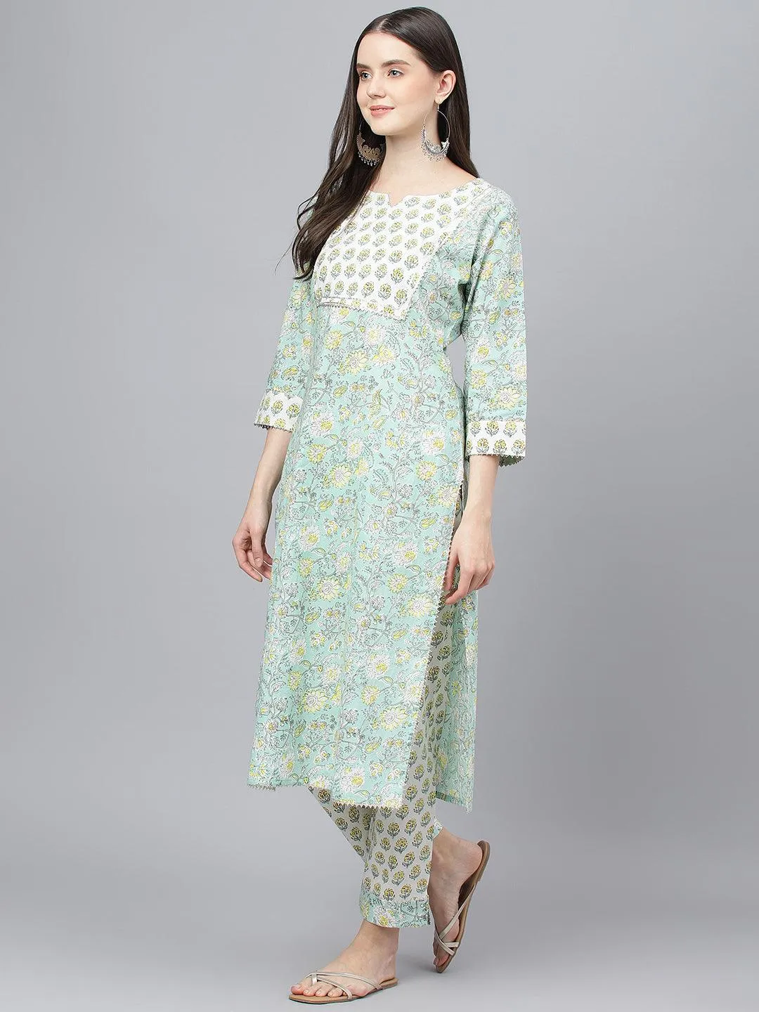 Divena Mint Green Floral Printed Kurta Pant set With Dupatta