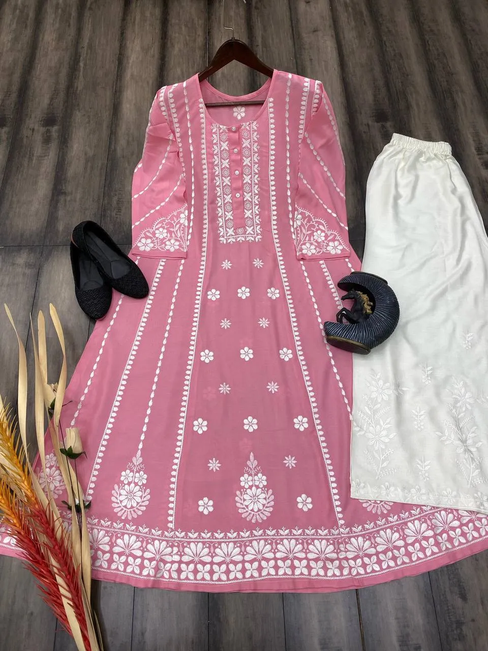 Embroidery Party wear Women Kurta Plazo Suit Pink