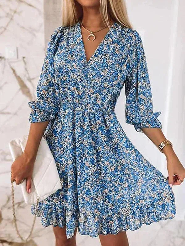 Floral Print V-Neck Mini Dress for Women