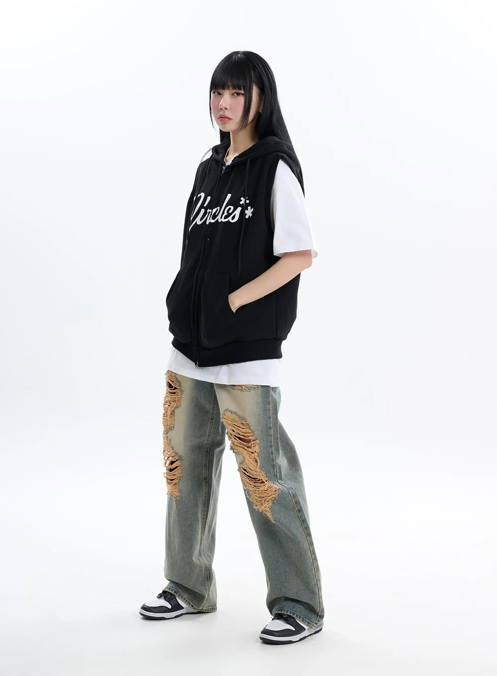 Graphic Lettering Hoodie Vest Jacket IF413