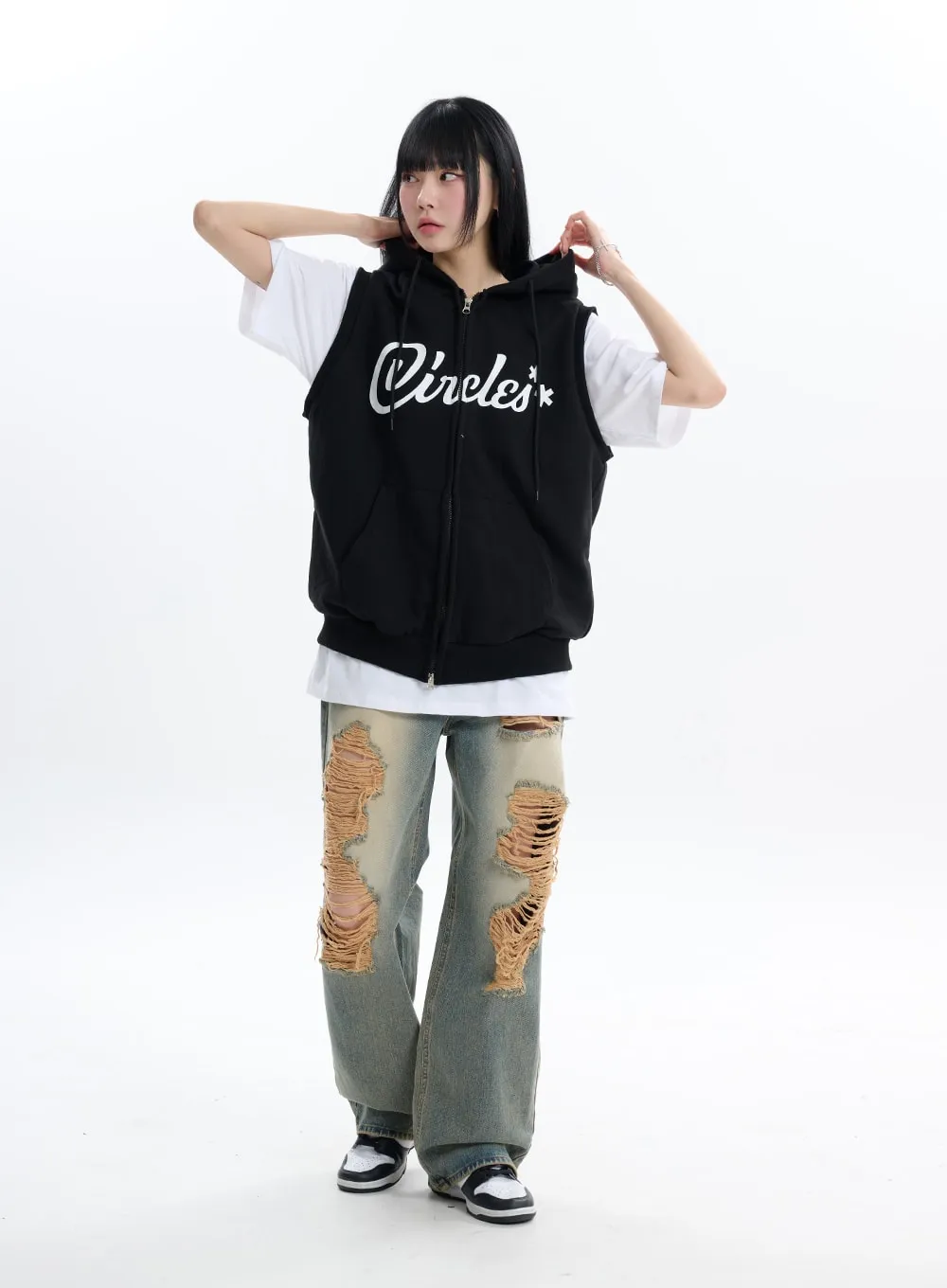 Graphic Lettering Hoodie Vest Jacket IF413