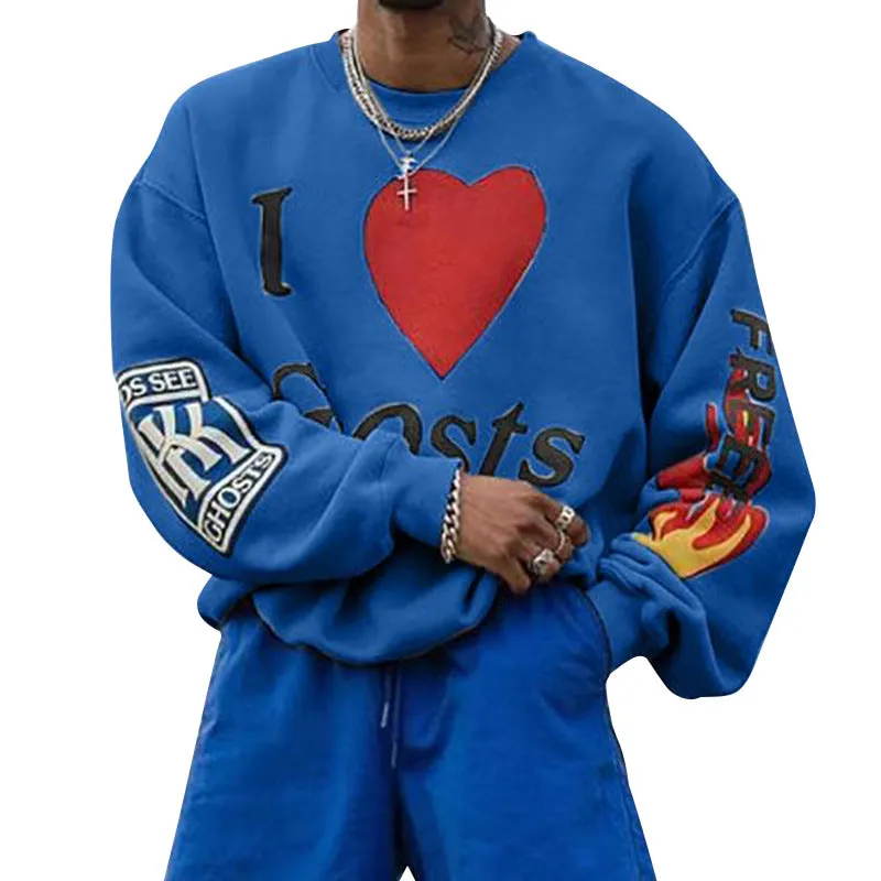 Hip Hop Heart Printed  Crew Hoodie & Short Essentials Set For Men