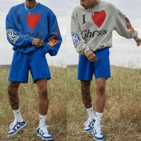 Hip Hop Heart Printed  Crew Hoodie & Short Essentials Set For Men