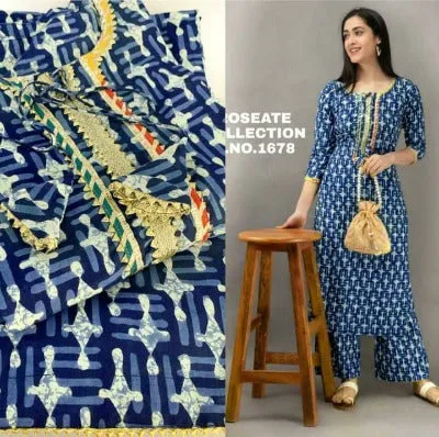 Indigo Blue Women Cotton Kurti Pant Set