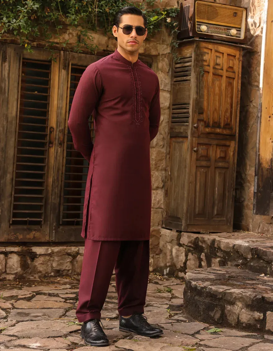 J. Mens Maroon Blended Shalwar Kameez