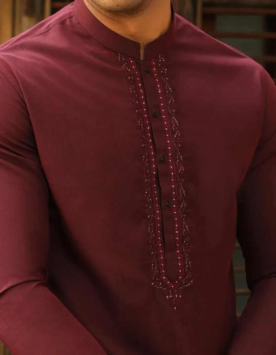 J. Mens Maroon Blended Shalwar Kameez