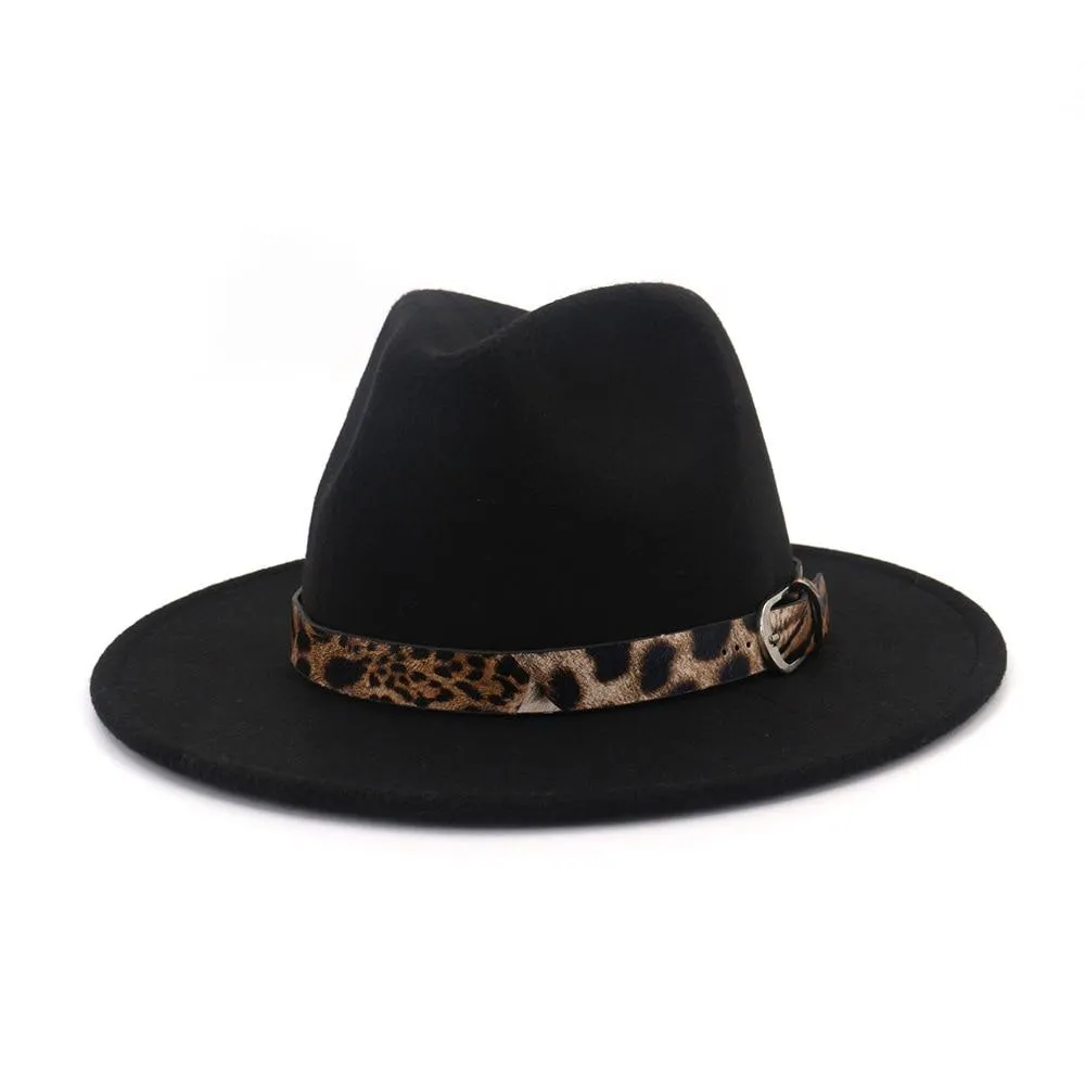 Jazzy Wool Fedora Hat with Leopard Print Belt Band