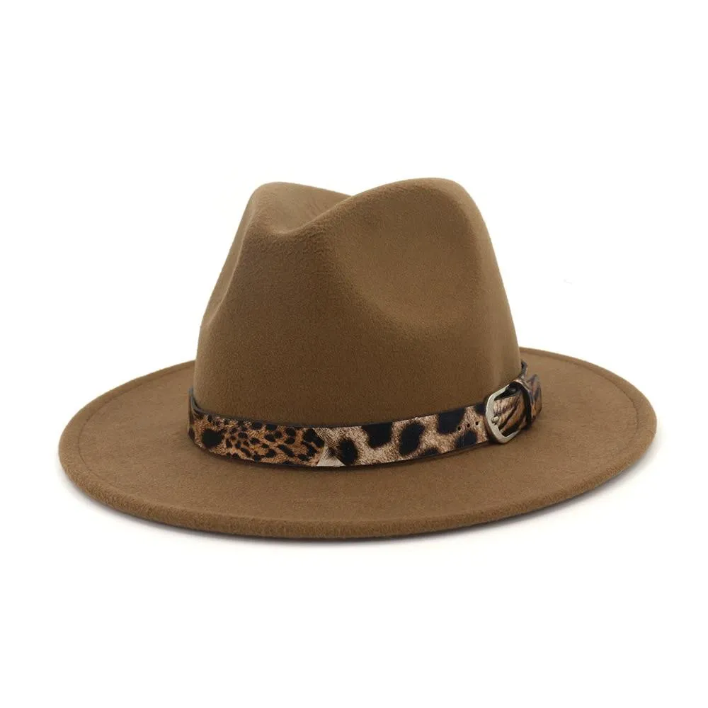 Jazzy Wool Fedora Hat with Leopard Print Belt Band