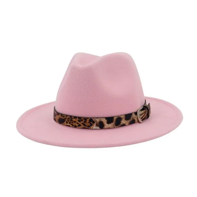 Jazzy Wool Fedora Hat with Leopard Print Belt Band