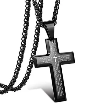 Jewelry Men's Stainless Steel Simple Black Cross Pendant Lord's Prayer Necklace 22 24 30 Inch