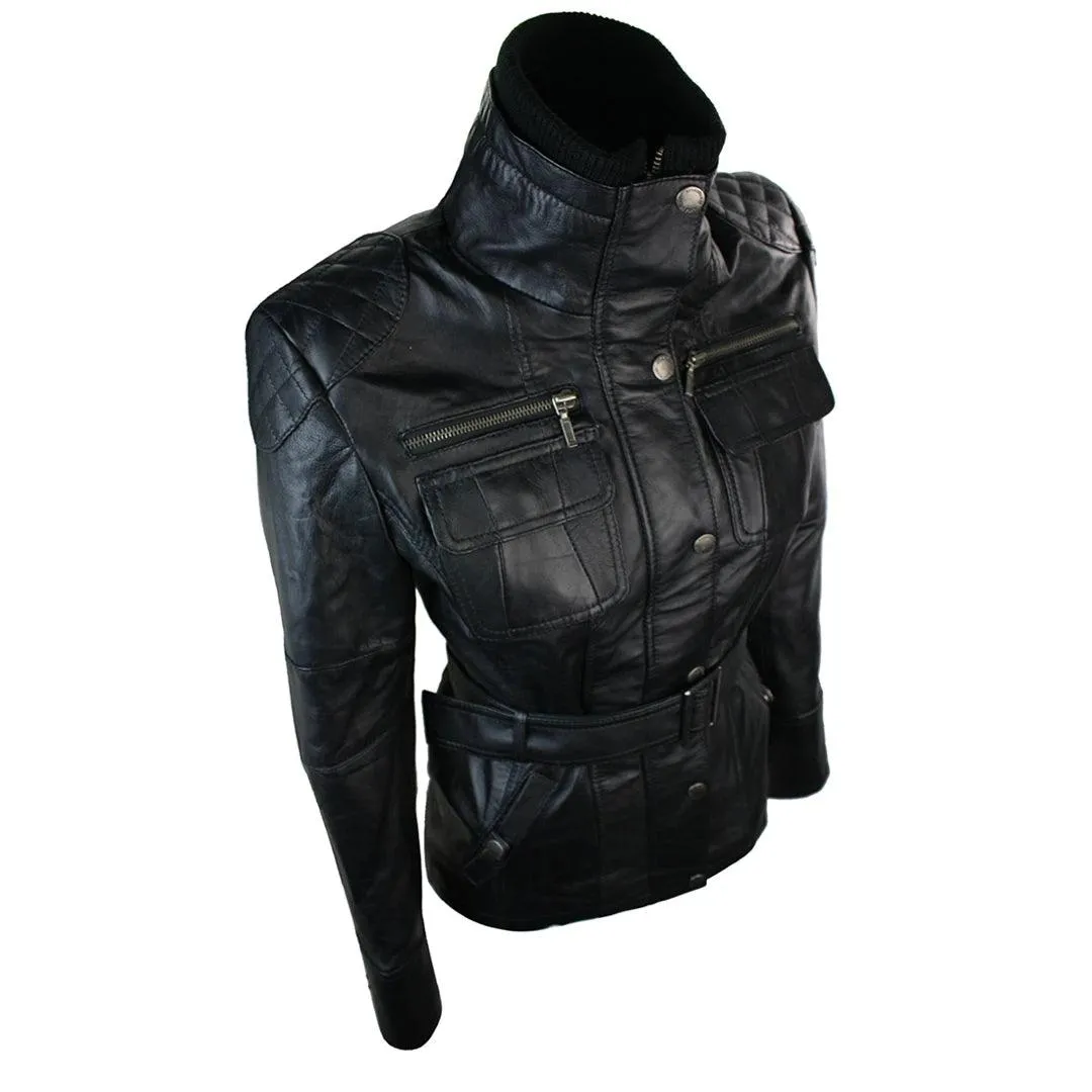 Ladies Women 100% Black Leather Jacket Coat Military Chinese Collar Vintage Slim