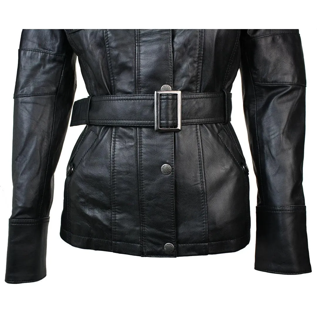 Ladies Women 100% Black Leather Jacket Coat Military Chinese Collar Vintage Slim