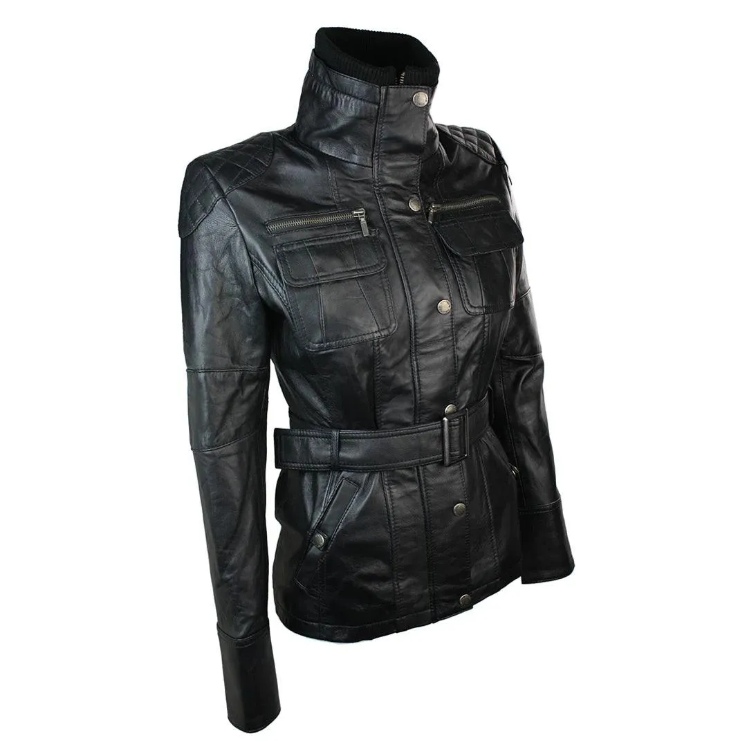 Ladies Women 100% Black Leather Jacket Coat Military Chinese Collar Vintage Slim