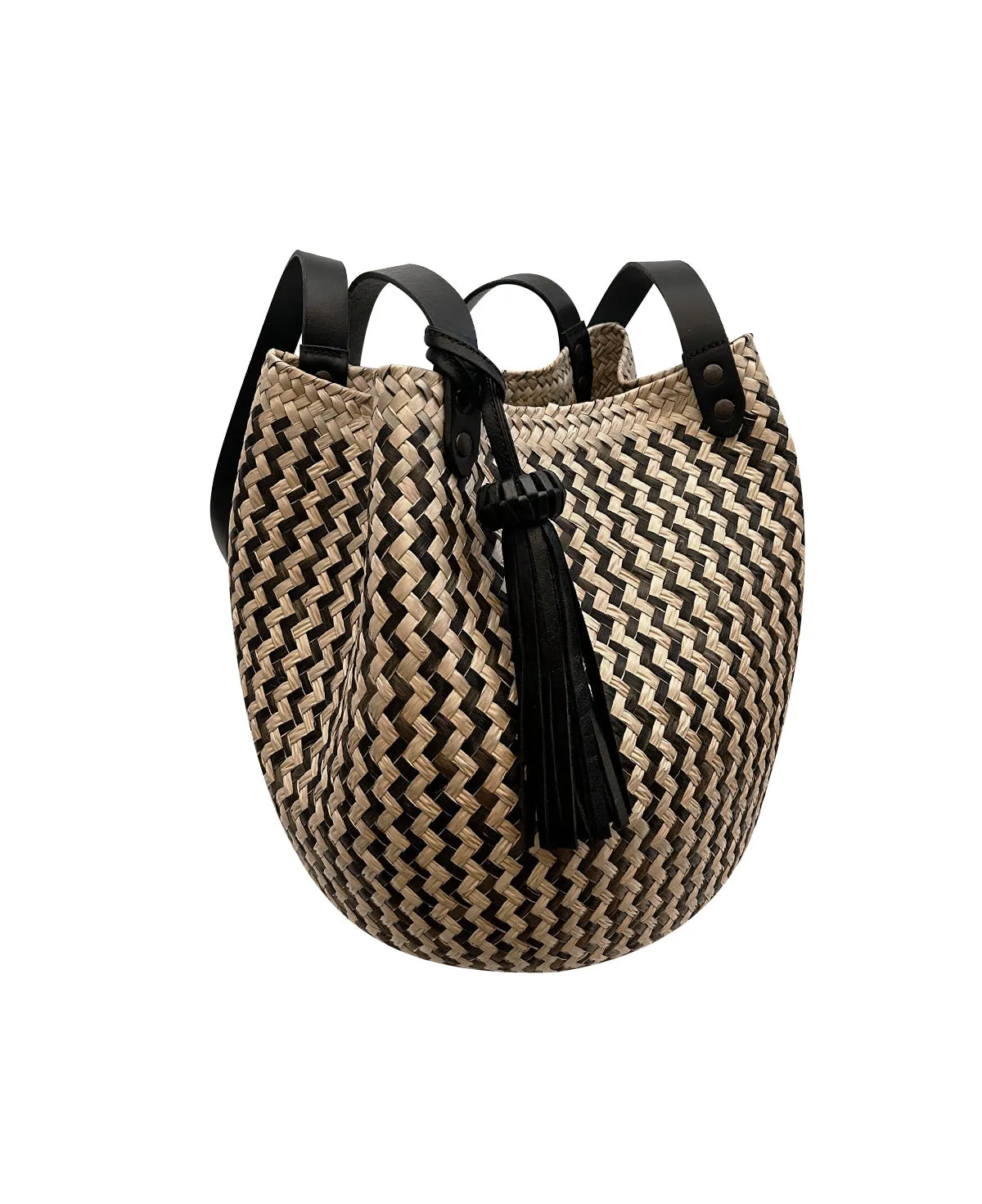 Lolita black leather bucket bag  / black zigzag hand woven palm